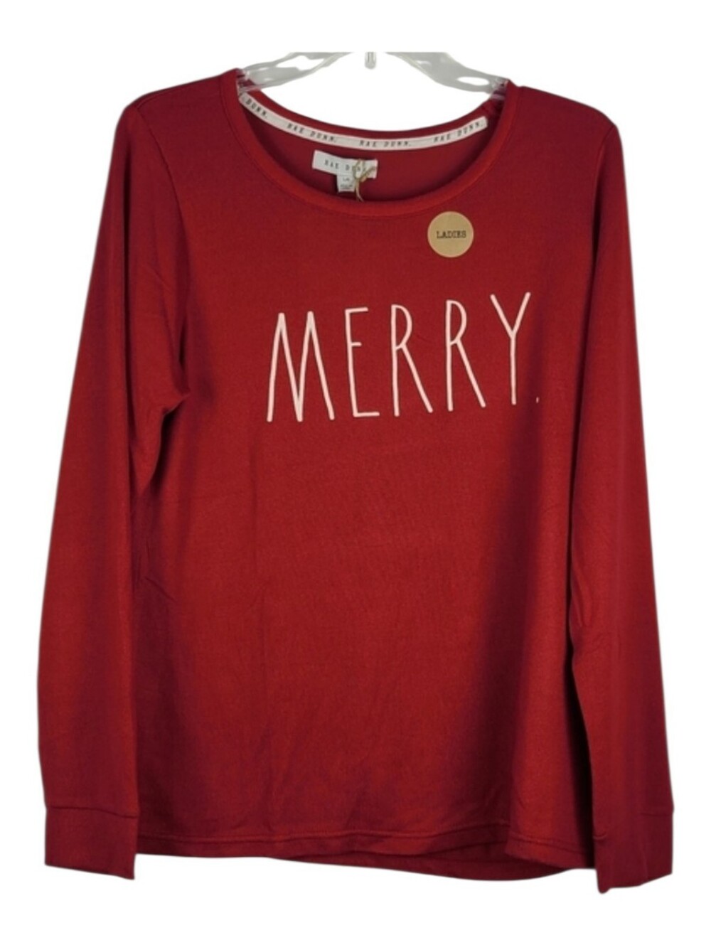 Rae Dunn Merry Red Scoop Neck Long Sleeve Shirt NWT Size L Lightweight Holiday